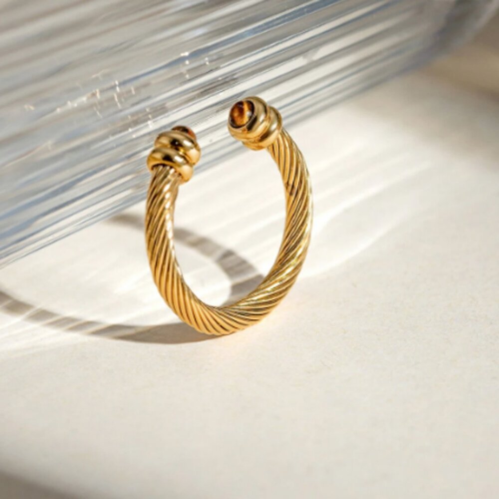 18k Gold Plated‎ Stainless Steel C-shaped Twisty Open Ring Inlay Natural Stone